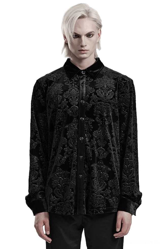Schwarzes Samt-Damast Gothic Hemd Vorderansicht auf Modell - geprägte florale Langarmbluse mit viktorianischem Damastmuster