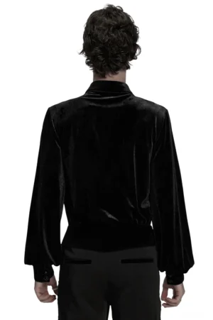 Schwarzes Samt-Gothic-Hemd für Herren, Rückansicht auf Model mit glattem Rücken und elastischem Saumdesign