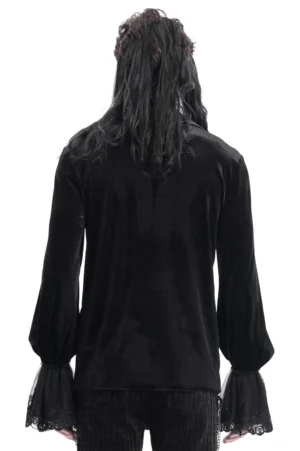 Schwarzes Samt Gothic Hemd Rückansicht mit Bischofärmeln und Spitzensaum Manschetten – Premium Goth Hemd Rückendetail