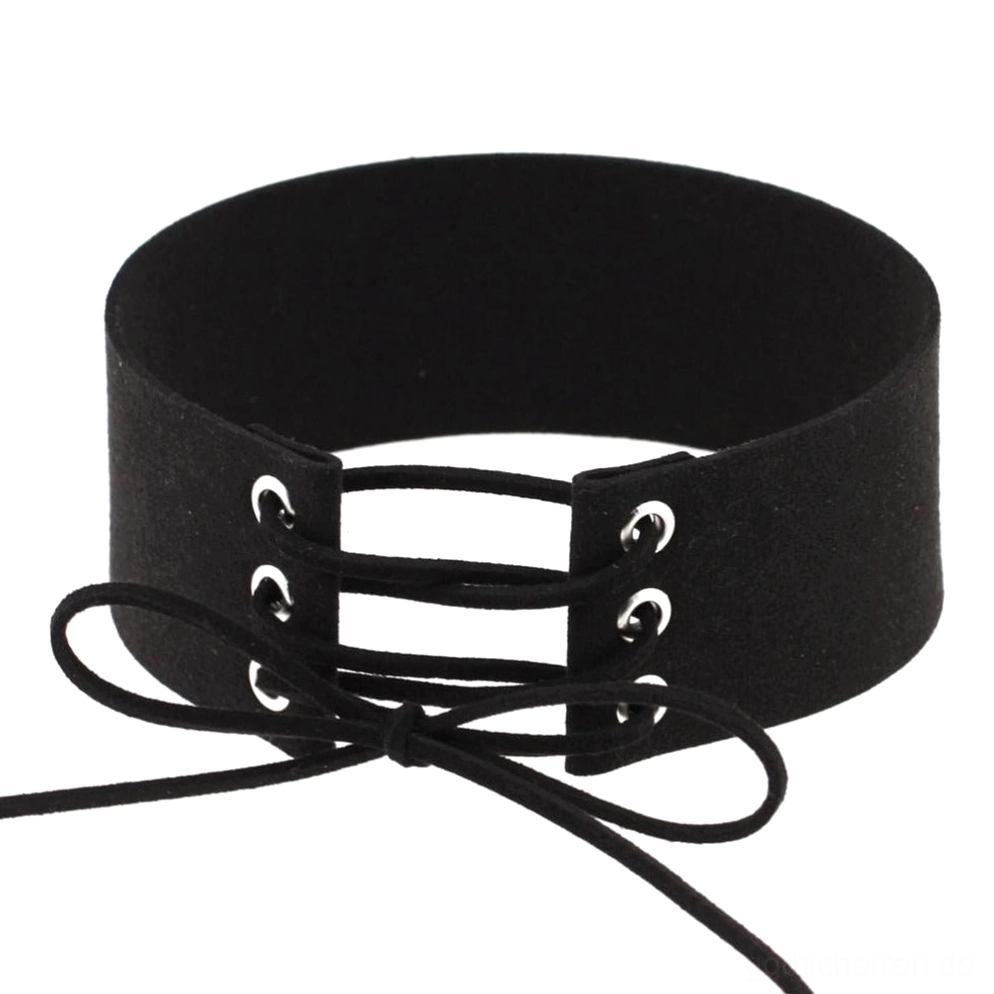 Schwarzes Velourssamt Halsband mit Schnürung und Metall-Ösen, Frontansicht Flat-Lay gothic choker