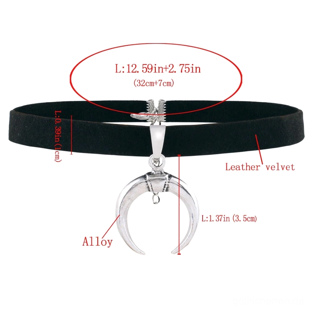 Schwarzes Samtchoker mit Mondhalbmond-Anhänger mit Größenmessmarken – gotisches Halsband Abmessungen und Messingverweis Layout