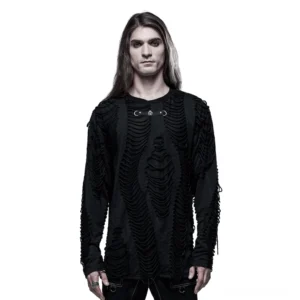 Schwarzes Skeleton Ripped Gothic Sweatshirt vorne am Model getragen - Langarm distressed Pulli mit Totenkopf-Hardware am Halsband und zerrissenen Panelen