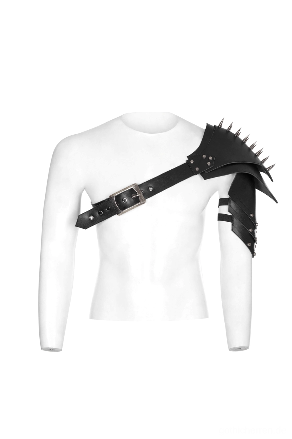 Einzelnes schwarzes Spike-Schulter-Harness in Frontalansicht auf weißer männlicher Schaufensterpuppe mit Lederriemen und verstellbarer Metallschnalle