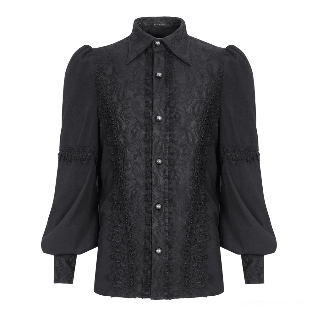 Herren schwarzes Spitzenbistumshemd Flatlay Vorderansicht mit dekorativen Paisley-Panelen, pointed Kragen und Bischofärmeln – gotische Formalwear
