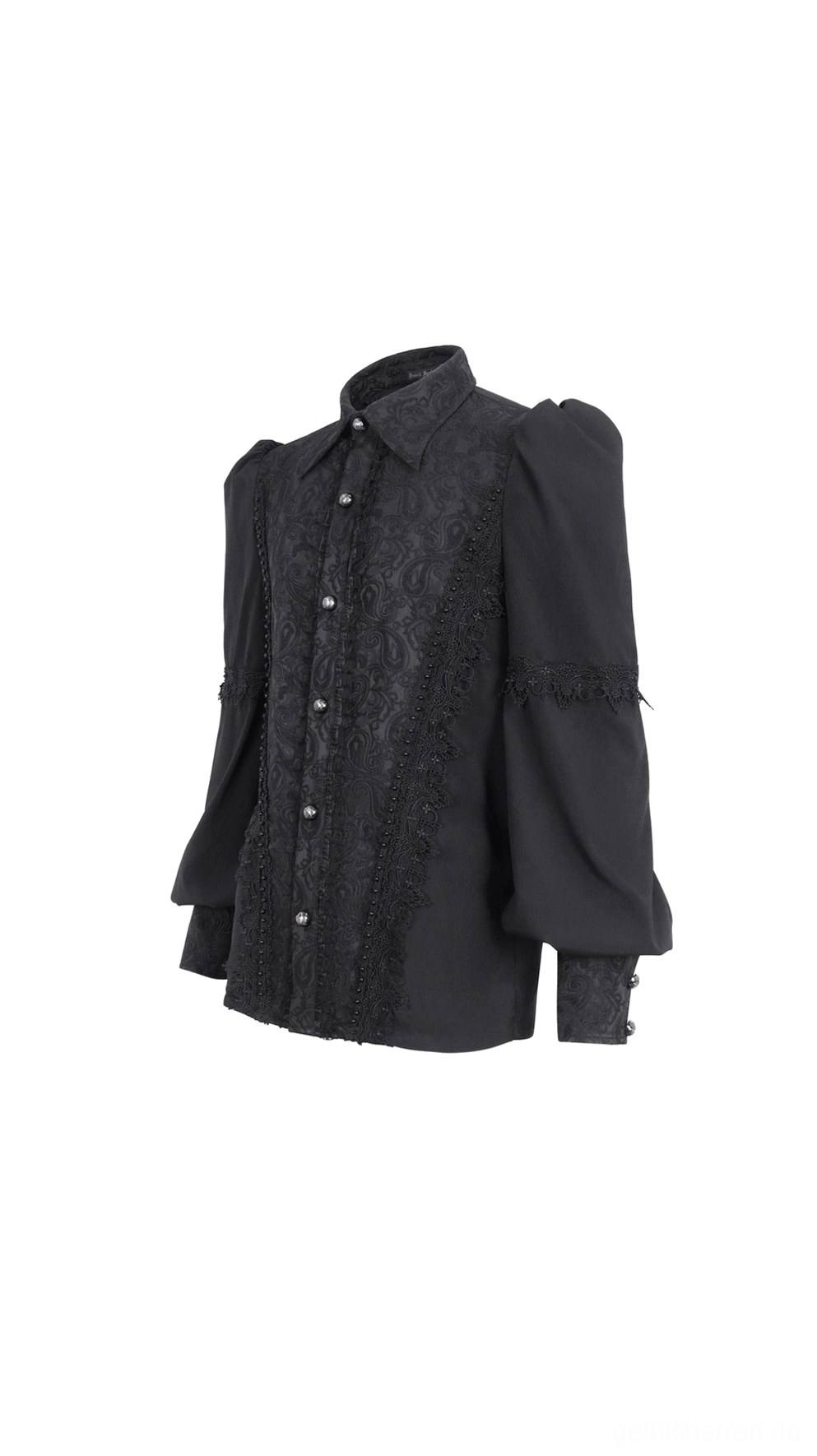Schwarzes gotisches Spitzenbistumshemd Vorderansicht zeigt Paisley-Jacquard-Vorderpaneele, Metallknopfleiste und Bischofärmel-Details
