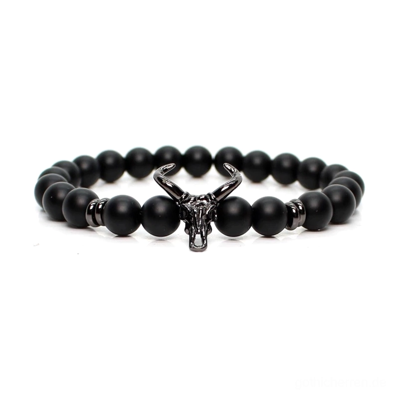 Schwarzes Stein-Stier-Schädel-Amulett Gothic Perlenarmband für Herren mit silbernen Metallakzenten, hochwertiger Gothic Schmuck für alternative Männer