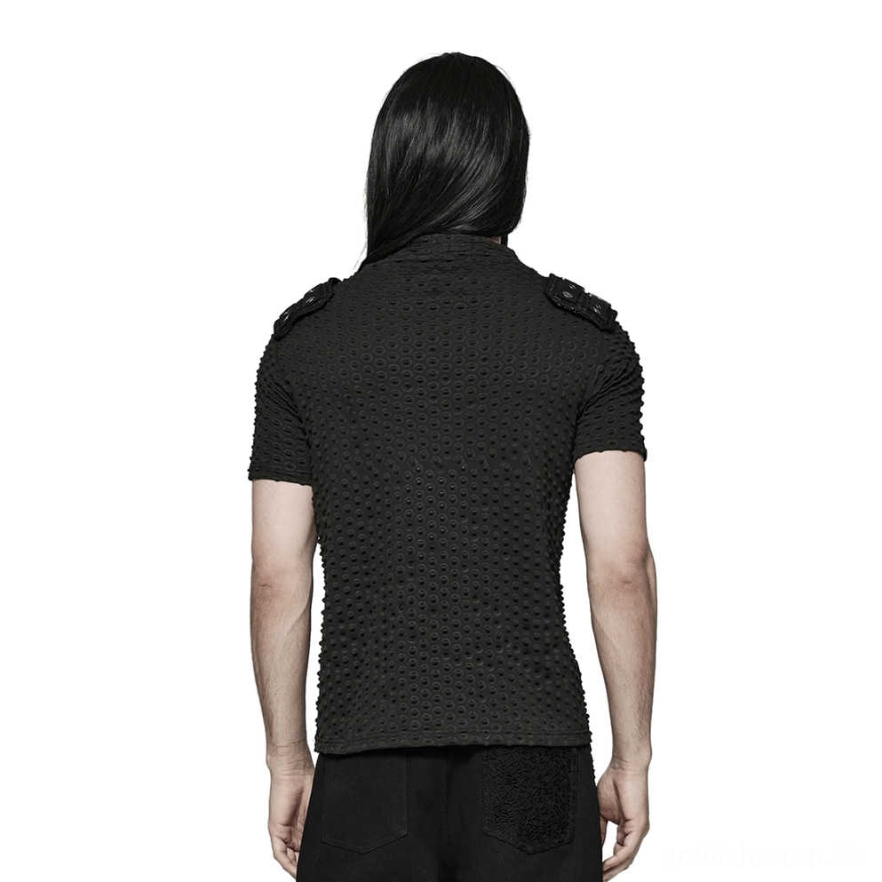 Schwarzes Tactical-Gothic-Shirt, Rückansicht mit perforiertem Strickgewebe und genieten Schultergurt-Hardware aus Metall, slim-fit Schnitt
