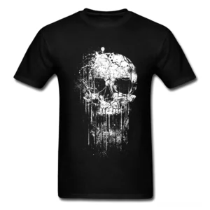 Schwarzes Distressed-Totenkopf Gothic T-Shirt Kurzarm Rundhals-Ausschnitt Unisex Flat-Lay Vorderansicht