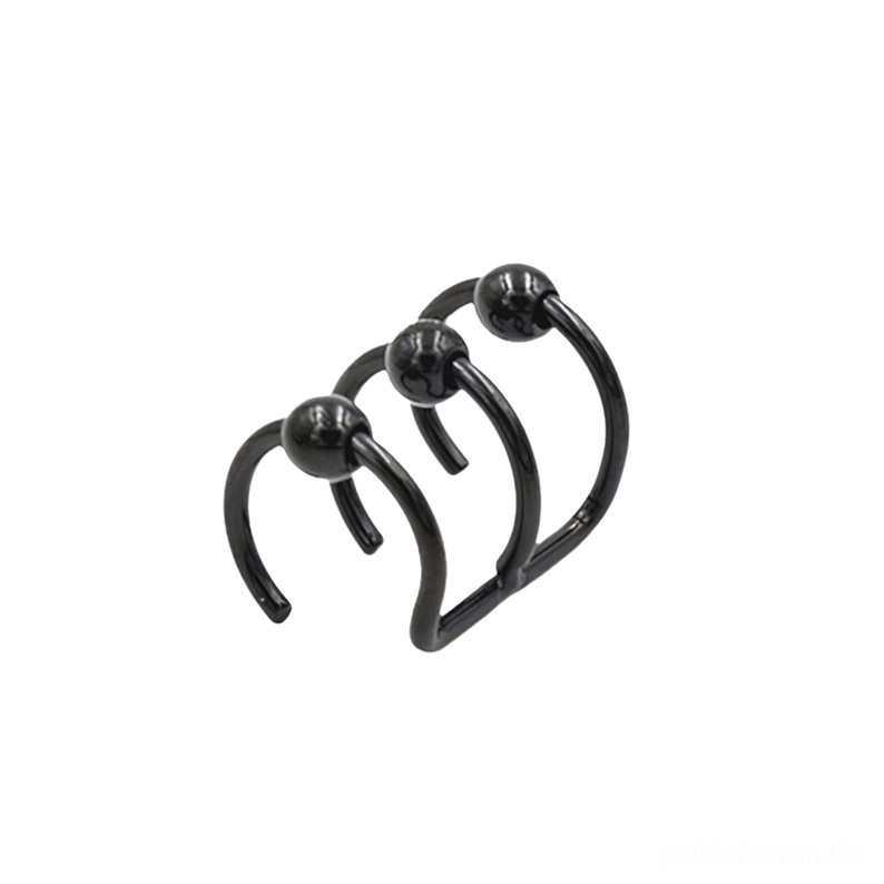 Schwarzes Triple-Hoop-Gothic-Nasenpiercing aus poliertem Edelstahl, Aufsicht-Flachaufnahme mit verbundenem gekrümmtem Hoop-Design und Kugelenden