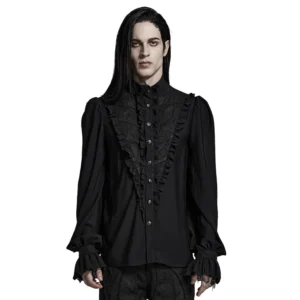Schwarzes viktorianisches Rüschen-Gothic-Hemd Vorderansicht mit Stehkragen, Spitzenbrusttuch und Puffärmeln – gotische Herrenmode