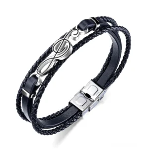 Schwarzes Violinschlüssel-Lederarmband Draufsicht Flatlat-Aufnahme zeigt mehrlagig geflochtenes PU-Leder mit Edelstahl-Musiksymbol-Anhänger Gothic Herrenarmband