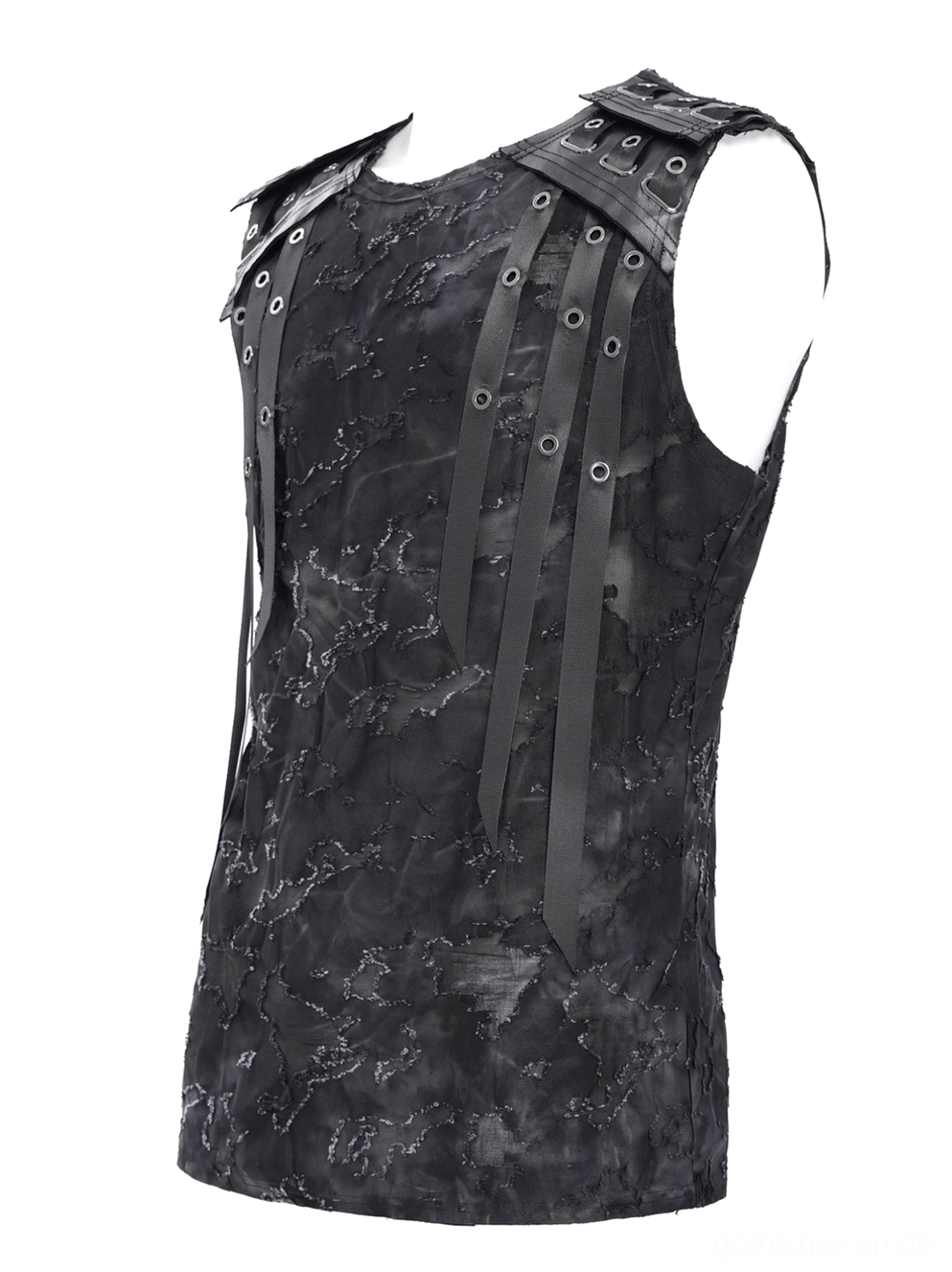 Vorder-Flat-Lay des schwarzen zerrissenen Gothic Muskelshirts mit schlankem Schnitt und industriellem Träger-Design