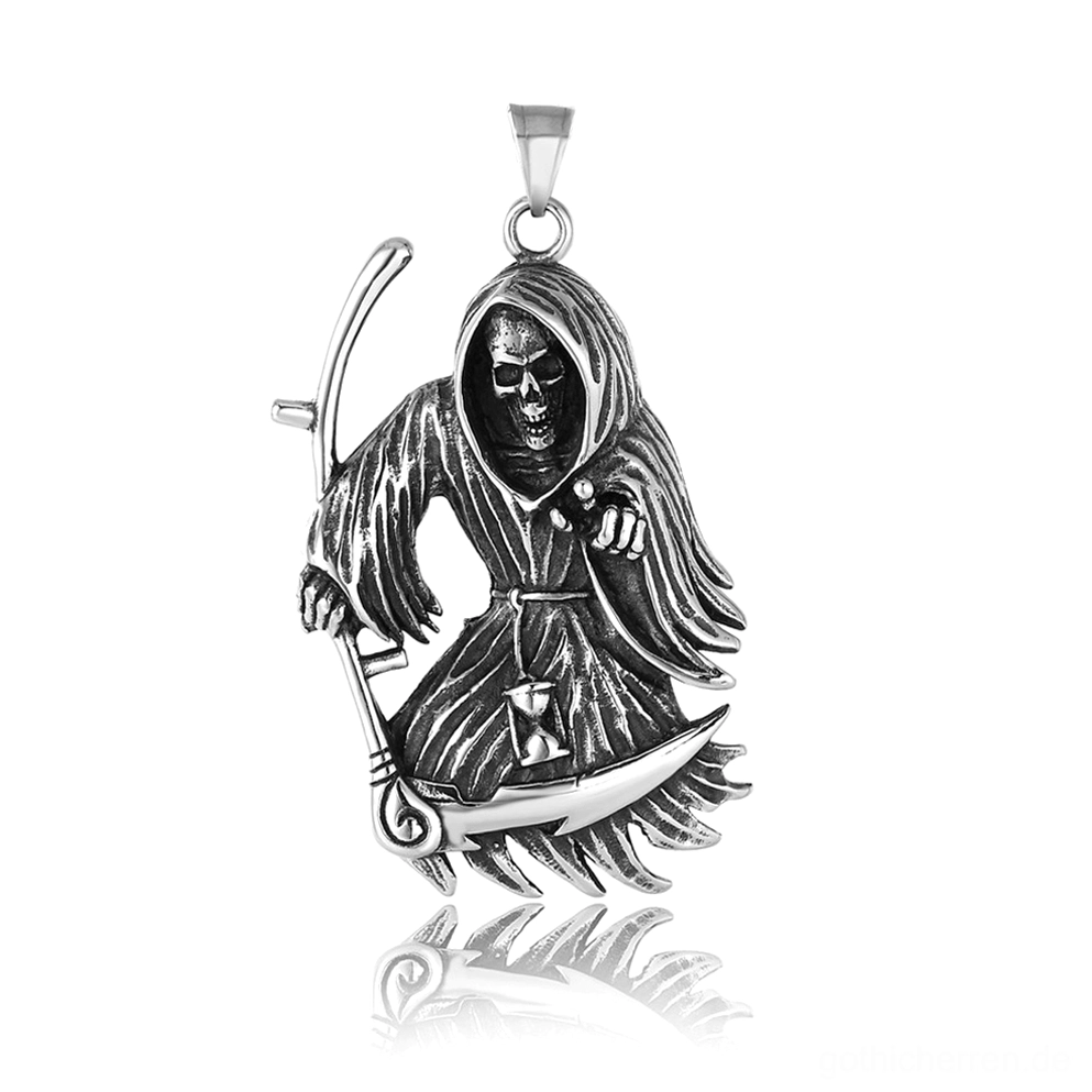Detailaufnahme verkapselter Sensenmann mit Sense und Sanduhr Gothic Anhänger Flachaufnahme Design