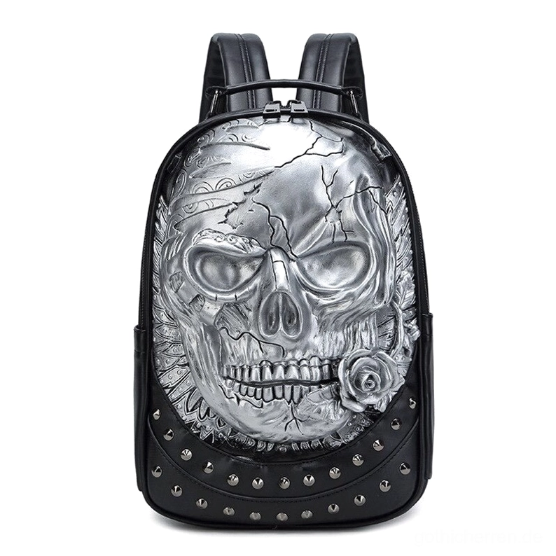 Silber gestickter Gothic Schädel Rucksack mit gerissenem Motiv, Nieten und Rosenakzent - Direktansicht