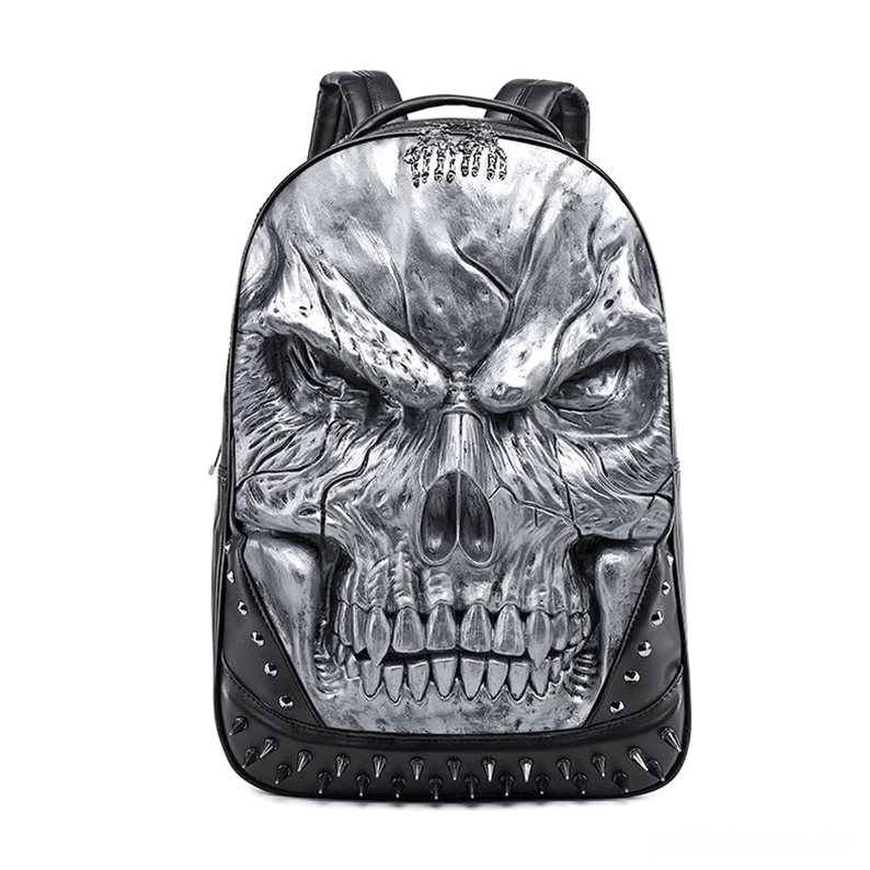 Silber Gothic Schädel Rucksack mit Spike-Nieten, gesticktem Schädeldesign und Metallornament