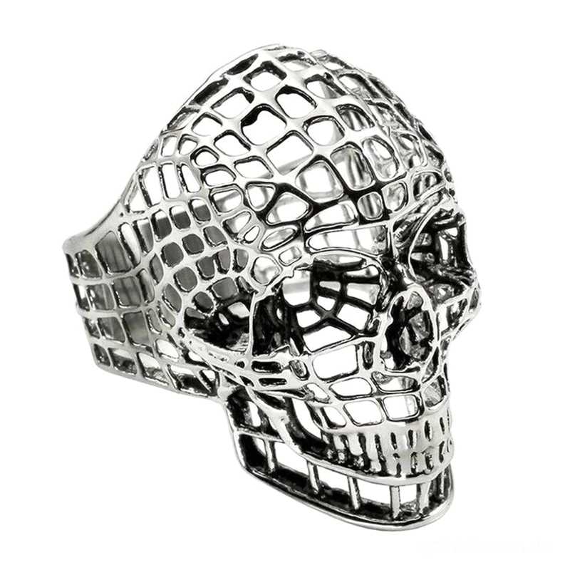 Silberner hohler Schädel Biker Ring – Linke Winkelansicht zeigt intricate Grid-Struktur und gotische Ästhetik