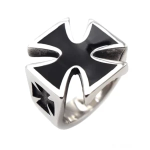 Silber Keltisches Kreuz Bikerring aus Edelstahl mit schwarzer Emaille Aufsicht Draufsicht Gothic Statement Ring