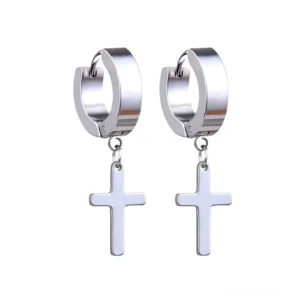 Poliertes Silber Edelstahl Gothic Kreuzohrringe Dangle Huggie pierced Studio-Fotografie – klassischer Schmuck