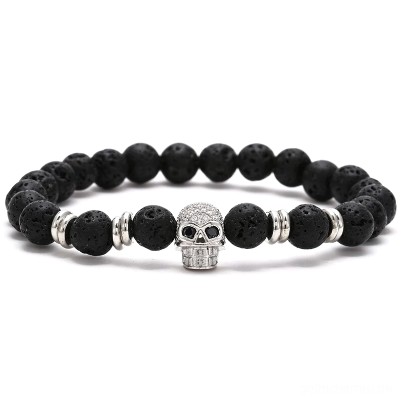 Silber-Totenkopf poliert gotisches Lava-Armband Stil 2 mit schwarzen Lavasteinen und silbernen Ring-Spacern, minimalistisches Design mit reiner Metallfinish und natürlichen Steinen