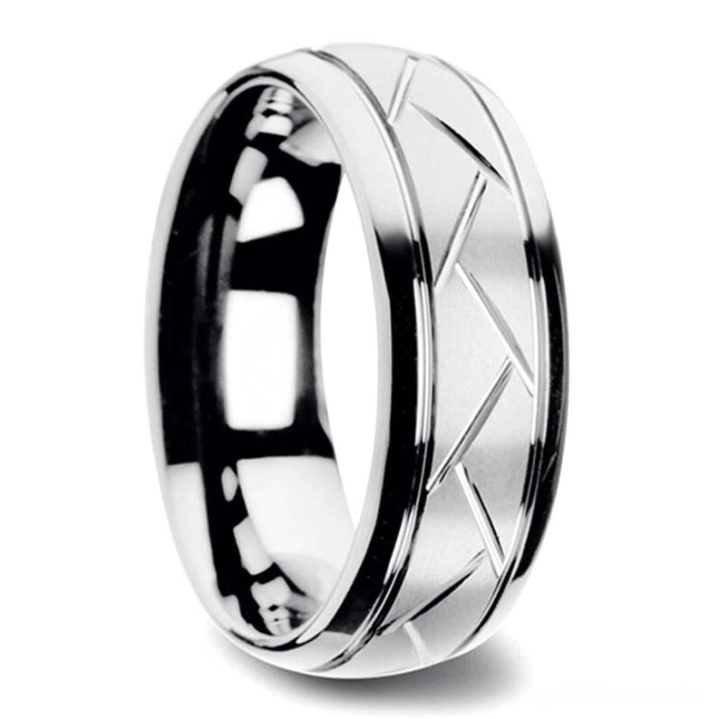 Silberner Chevron Zickzack Gothic Ring mit mattiertem Finish und glänzenden Kanten, 3/4-Winkelaufnahme, eingravierte geometrische Zickzack-Textur, Alternative Fashion Schmuck