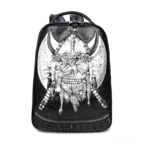 Silberner Wikinger-Totenkopf 3D-geprägter Gothic Lederrucksack mit Metall-Hardware-Detail und Kunstleder-Verarbeitung