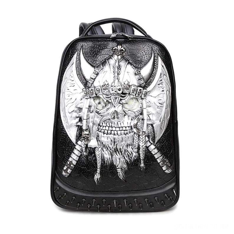 Silberner Wikinger-Totenkopf 3D-geprägter Gothic Lederrucksack mit Metall-Hardware-Detail und Kunstleder-Verarbeitung