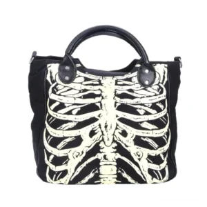 Schwarze Skeleton Ribcage Canvas Gothic Handtasche Frontansicht mit elfenbeinfarbener Totenschädel-Brustkorb-Design und verstärkten Lederhenkeln, Premium-Qualität