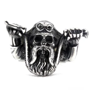 Detaillierter Skelettfahrer Ring mit geschnitztem Bart und vintage Silberton, Gothic Motorrad Schmuck Vorderansicht handgefertigt
