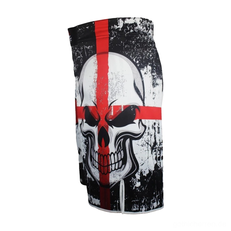 Vertikale flache Ansicht der schwarzen Gothic-Trainingsshorts mit großem prominentem rotem Totenkopf-Kreuz-Print und sichtbaren Abnutzungstextur-Details