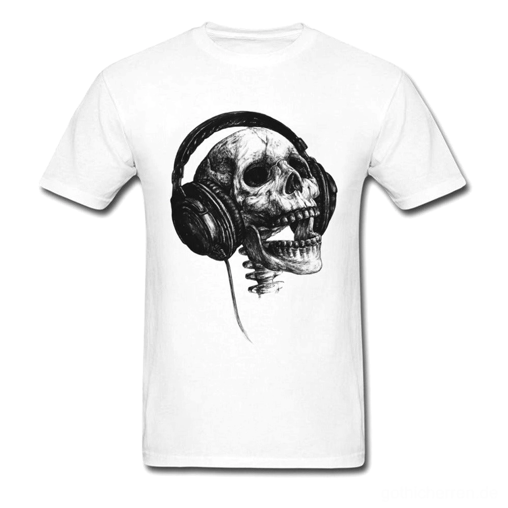Schwarzes Gothic Skull und Headphones bedrucktes T-Shirt mit detaillierter Frontgrafikansicht, Unisex Kurzarm, hochauflösender Druck Detail