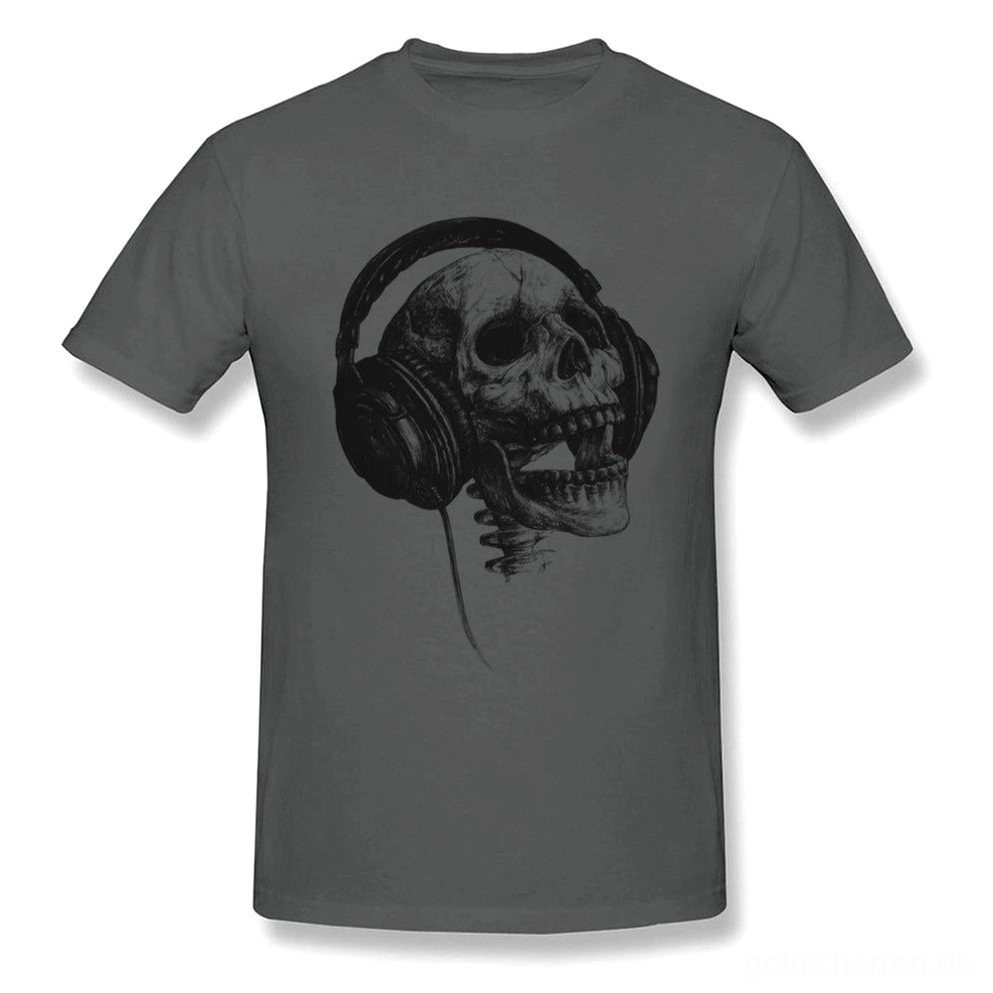 Charcoal Grau Gothic T-Shirt mit Skull und Headphones Motiv, Studio Frontproduktfotografie, Unisex Crew-Neck, Flatlays Display