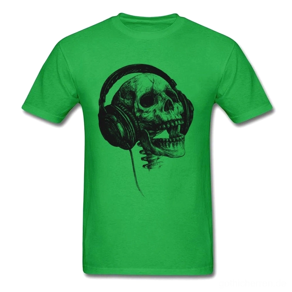 Dunkelgrünes Skull und Headphones Grafik T-Shirt mit schwarzem Druck, Unisex Kurzarm Alternative Wear, Frontgrafikdetail-Ansicht
