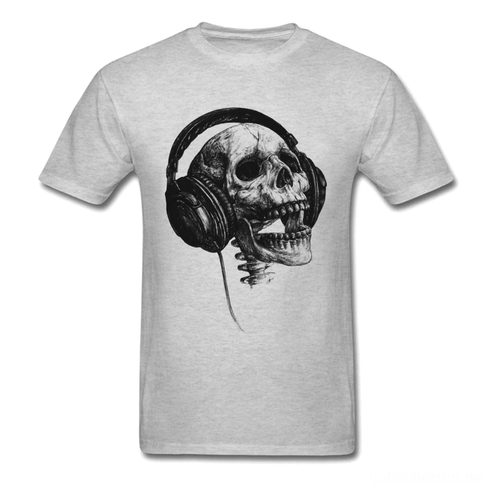 Heather Grau Gothic Skull und Headphones bedrucktes Kurzarm-T-Shirt, Frontansicht Flatlays, Unisex Passform, dunkle Ästhetik