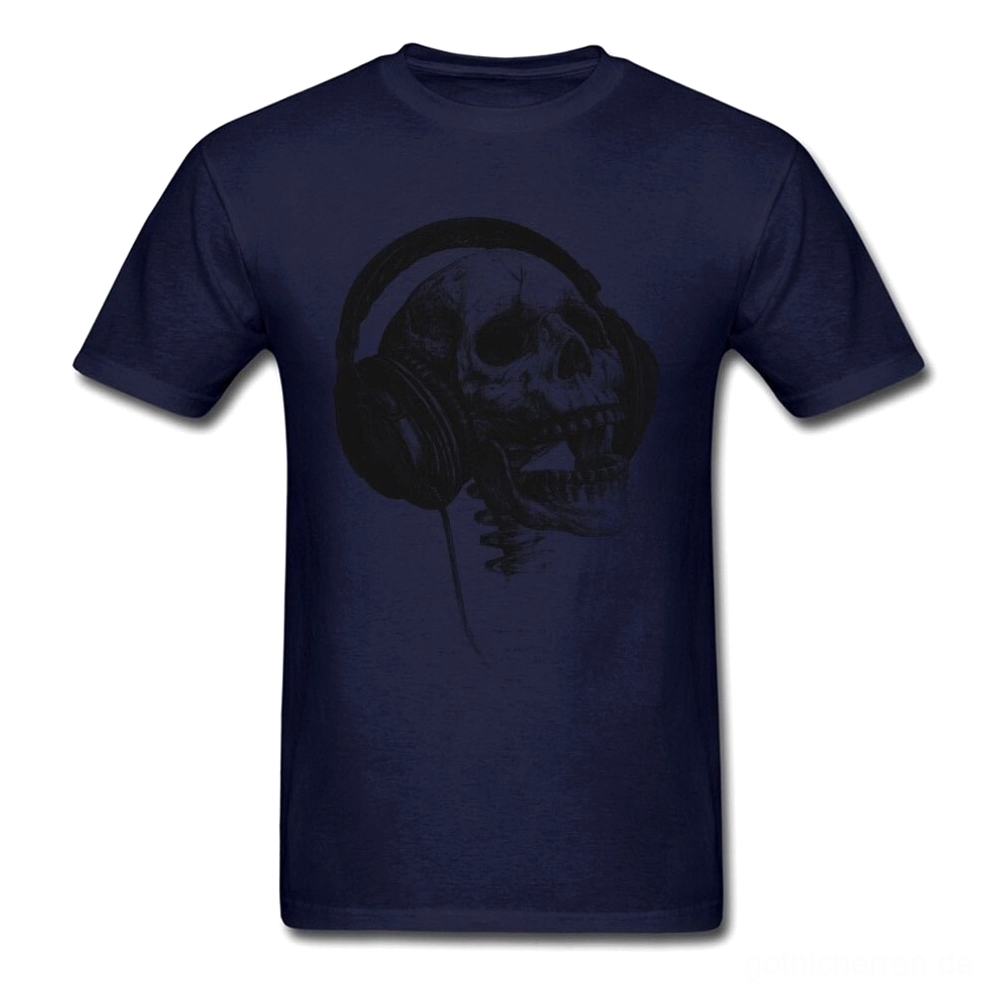 Marineblau Unisex Skull und Headphones bedrucktes T-Shirt, dunkle Gothic Ästhetik Grafikfront-Display, Kurzarm Alternative Style