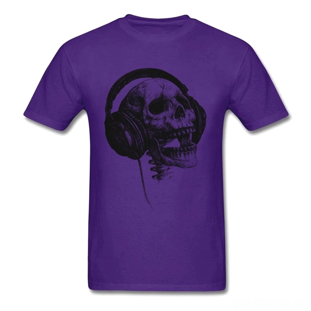 Violettes Skull und Headphones Grafik Gothic T-Shirt mit dunklem Druck, Frontflatlays Ansicht, Unisex Kurzarm Crew-Neck