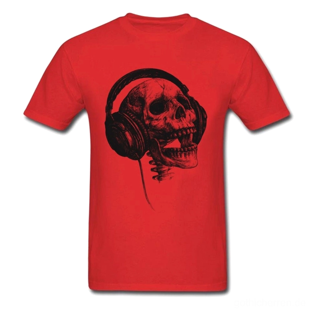 Rotes Skull und Headphones Alternative Grafik T-Shirt, Gothic Style Kurzarm Unisex T-Shirt Frontansicht, romantische dunkle Ästhetik