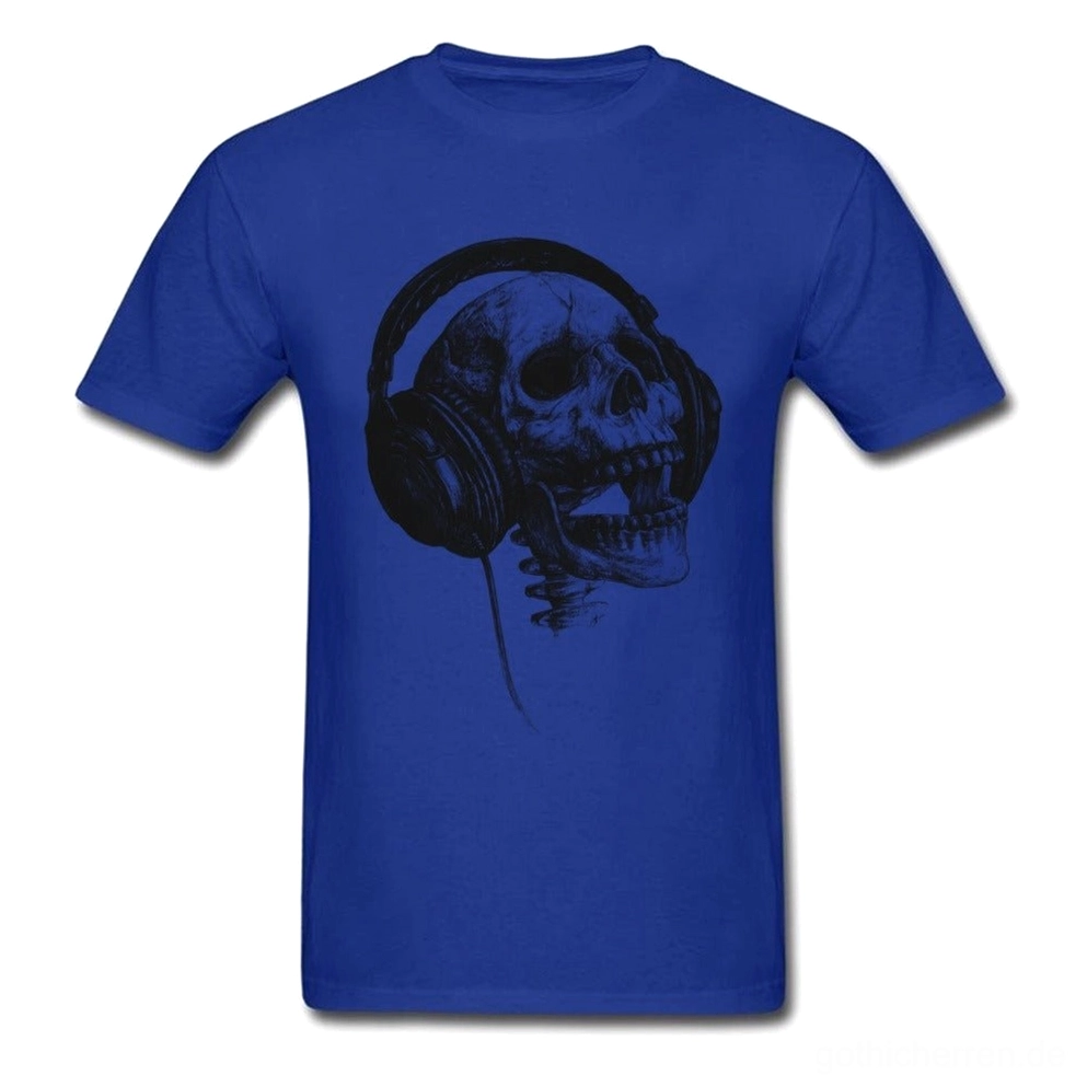 Unisex Skull und Headphones Grafik T-Shirt in Königsblau mit schwarzem Druck, flache Display-Ansicht, Gothic Alternative Style