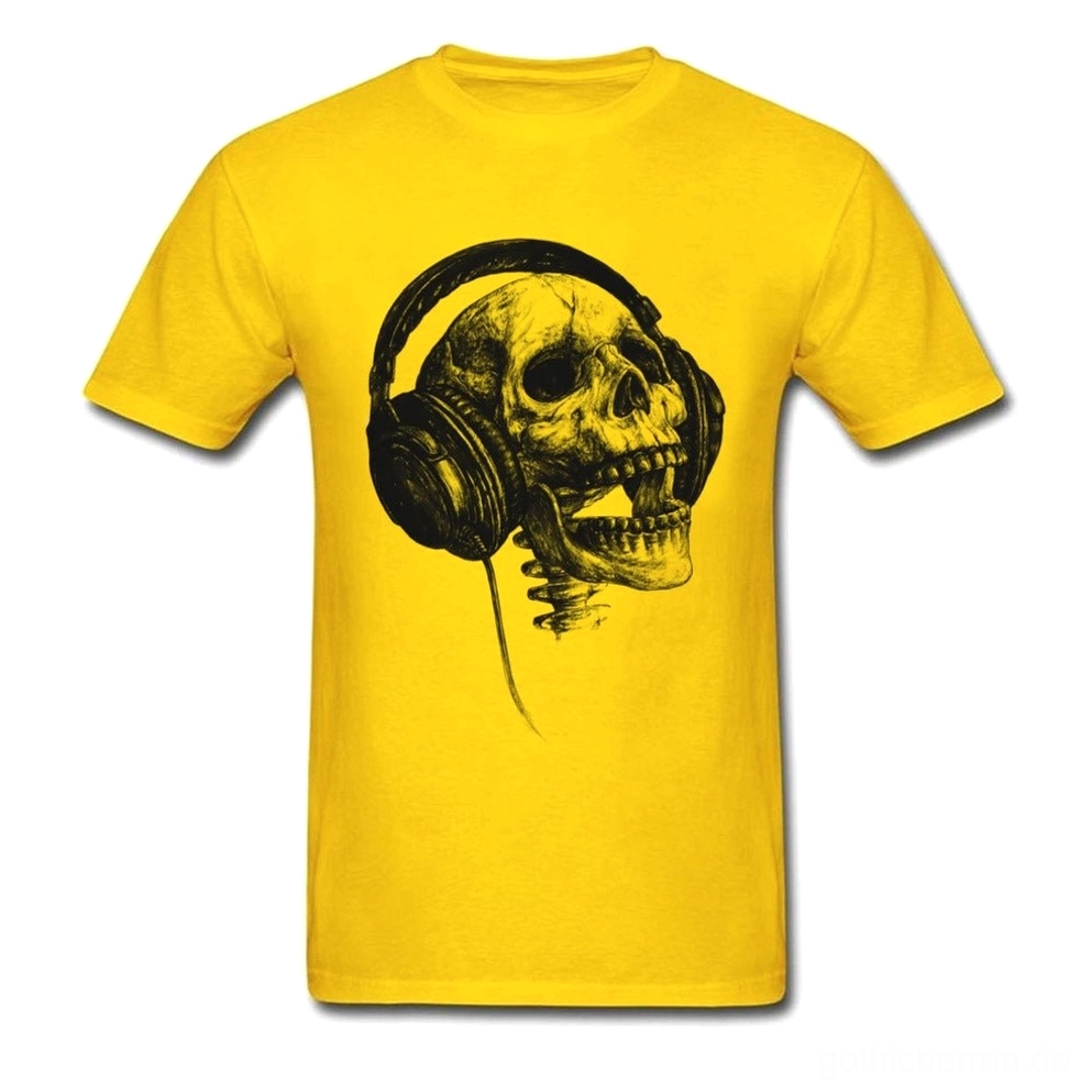Gelbes Skull und Headphones Grafik Gothic T-Shirt, mutiger Alternative Print auf Unisex Kurzarm, Frontproduktansicht, kontrastierender Druck