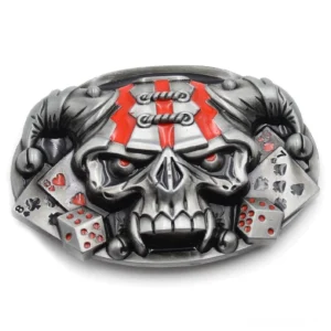 Skull Poker Gothic Gürtelschnalle Frontansicht Silber Zinklegierung rote Emaille Würfel Spielkarten Design Dark Fashion Western Accessory