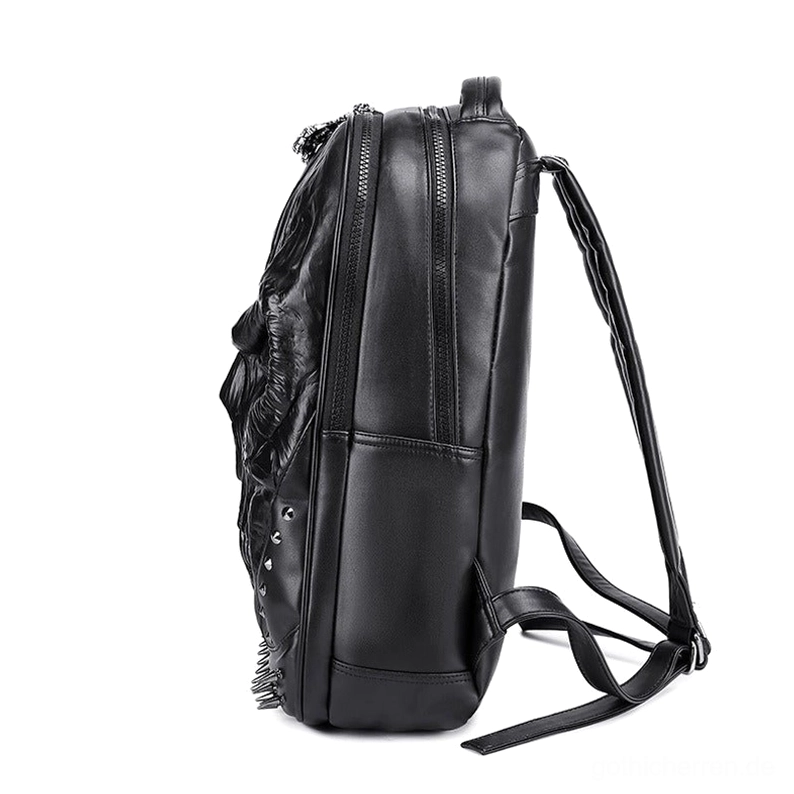 Gothic Schädel PU-Leder Rucksack Seiten-Rückansicht mit Reißverschlussfächern und gesticktem Schädeldetail