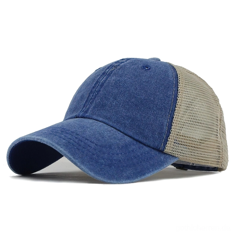 Königsblau gewaschene Baumwoll-Gothic-Baseball-Kappe mit Mesh-Belüftungspanels – Modern Goth-Grunge Fusion Style
