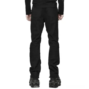 Schwarze Spider-Web-Mesh Gothic Röhrenhose mit Schnürung und Metallösen in Frontansicht auf weißem Hintergrund