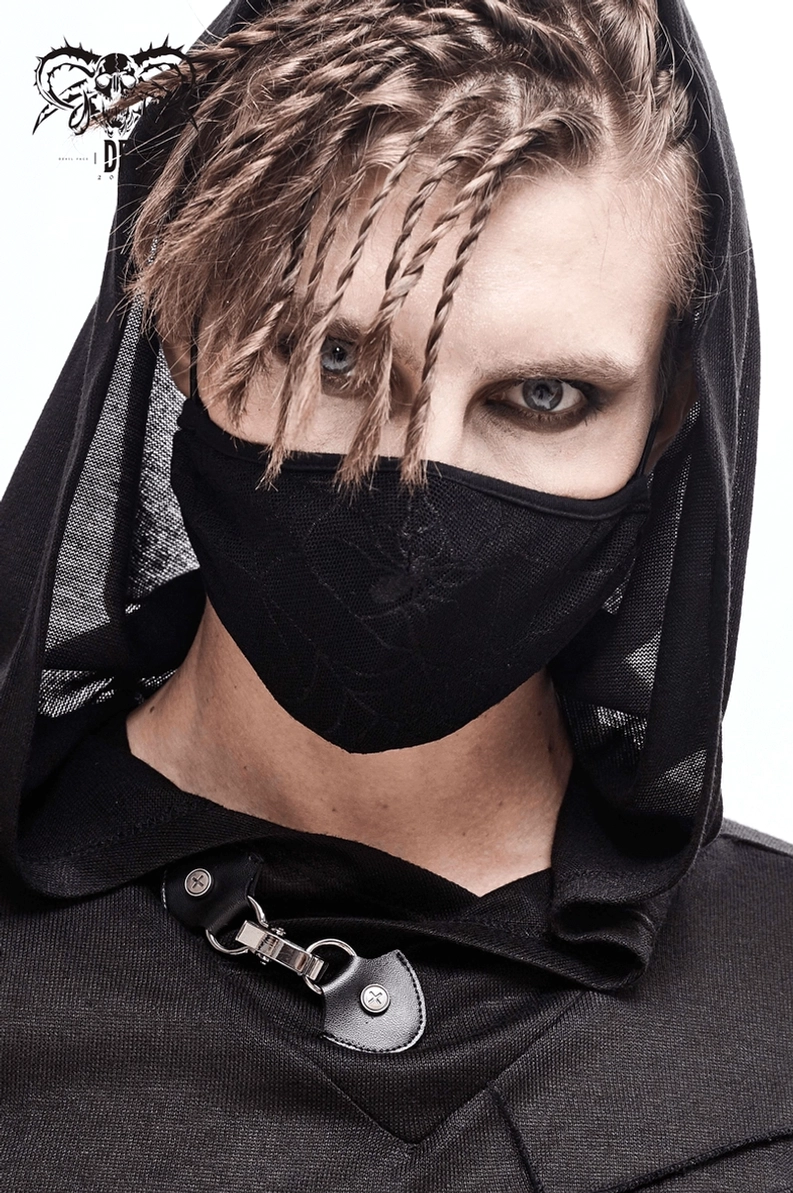 Schwarze Spinnennetz-Gothic-Maske Stoffoberflächen-Struktur zeigt atmungsaktives Strickgewebe-Detail und Druckqualität des Motivs