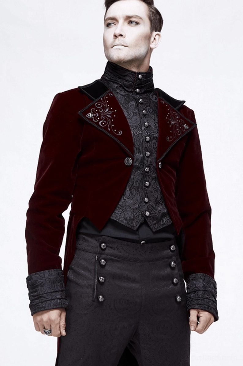 Steampunk-Anzugoberteil auf männlichem Model mit Fokus auf tailor-made kurzem Frackfront und angepasster Silhouette, Kragenhöhe und Knopfdetails klar erkennbar