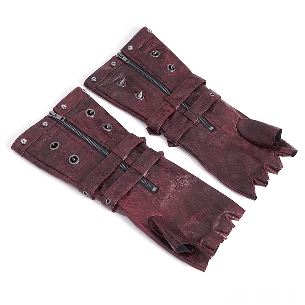 Seitenansicht flat-lay steampunk fingerlose gauntlet-handschuhe mit reißverschluss-verschluss, metallnieten und mehreren schnallenbefestigern