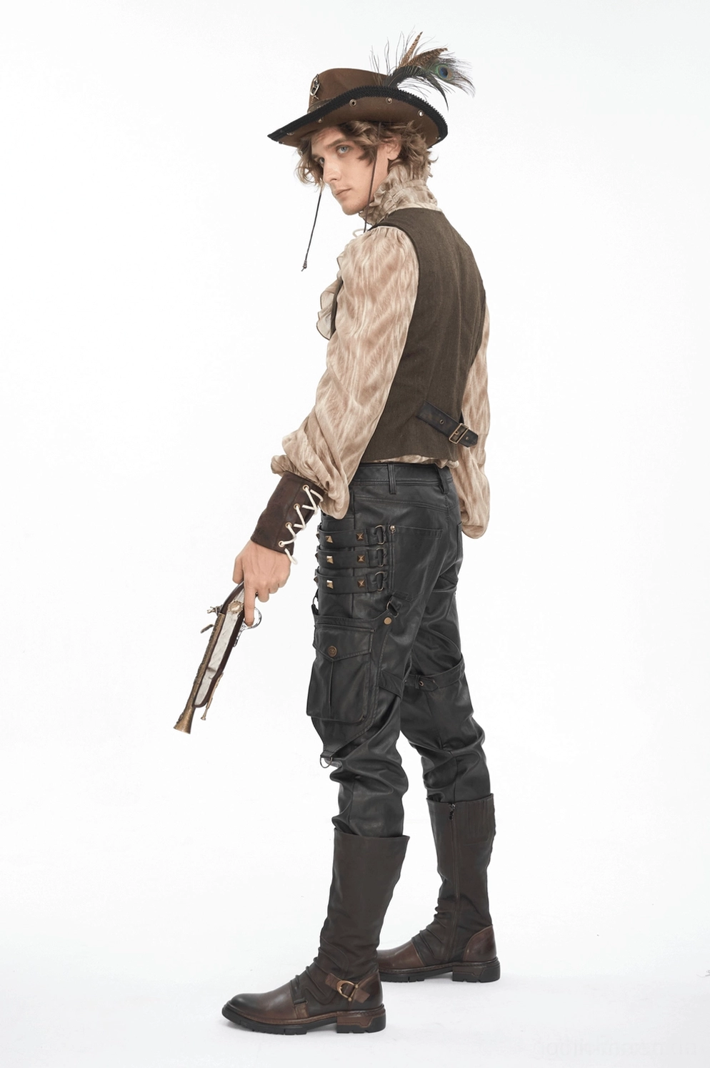 Steampunk Gothic Cowboyhut mit Pfauenfedern und antikem Messingzahnraddetail in viktorianischem Vintage-Stil