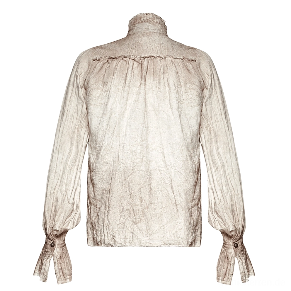 Steampunk Gothic Hemd Rückseite Flat-Lay - geraffter Rückennaht und geknöpfte Manschettendetails auf vintage-Beige Leinen