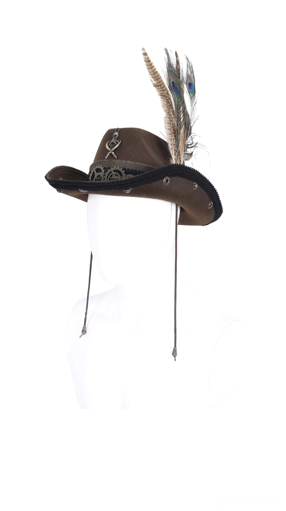 Steampunk Gothic Cowboyhut mit Zahnradband und Pfauenfeder, seitliche Profilansicht auf weißem Mannequin
