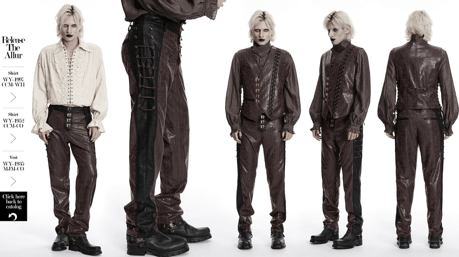Detailansicht der Steampunk-Hosen-Konstruktion mit braunem und schwarzem Kunstleder-Layering und professioneller Schneiderarbeit