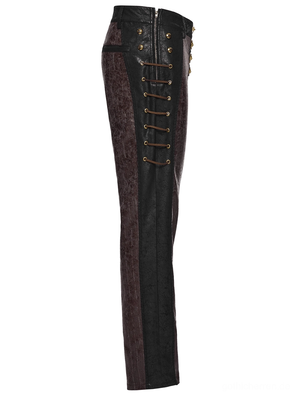 Seitenprofilansicht der Steampunk-Kunstlederhose mit schwarzen aufgerissenen Lederpanels und funktionalen seitlichen Schnurkordeln